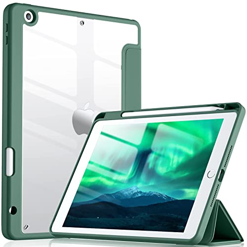 Vobafe Transparentes Hülle für iPad 9 8 7 Generation 10,2 Zoll (2021/2020/2019 Modell) mit Stifthalter, Stoßfeste Schutzhülle mit Klare Rückseitenschale, Kieferngrün von Vobafe