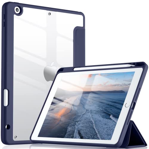 Vobafe Transparentes Hülle für iPad 9 8 7 Generation 10,2 Zoll (2021/2020/2019 Modell) mit Stifthalter, Stoßfeste Schutzhülle mit Klare Rückseitenschale, Marine von Vobafe