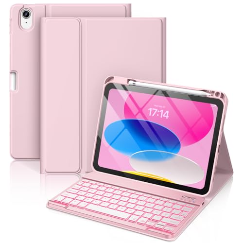 Vobafe Hülle mit Tastatur für iPad A16 11/10 Generation (2025/2022, 11/10.9 Zoll)- 7 Farben Beleuchtete Magnetische Abnehmbare Keyboard Schutzhülle mit Stifthalter für iPad 11. /10. Gen, Hellrosa von Vobafe