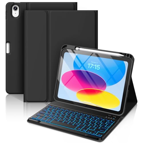 Vobafe Hülle mit Tastatur für iPad A16 11/10 Generation (2025/2022, 11/10.9 Zoll)- 7 Farben Beleuchtete Magnetische Abnehmbare Keyboard Schutzhülle mit Stifthalter für iPad 11. /10. Gen, Schwarz von Vobafe