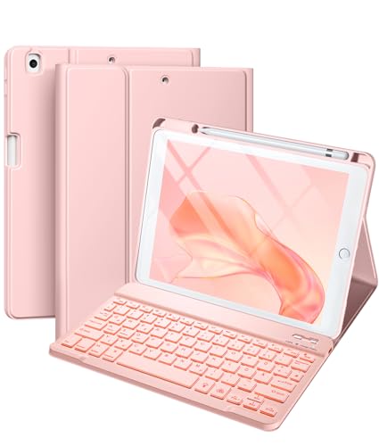 Vobafe iPad 9 Generation hülle mit Tastatur für iPad 10.2 Zoll 9./ 8. /7. Generation mit Stifthalter, Magnetisch 7 Farben Beleuchtung, Wiederaufladbar Abnehmbarer QWERTZ iPad Tastatur, Rosa von Vobafe