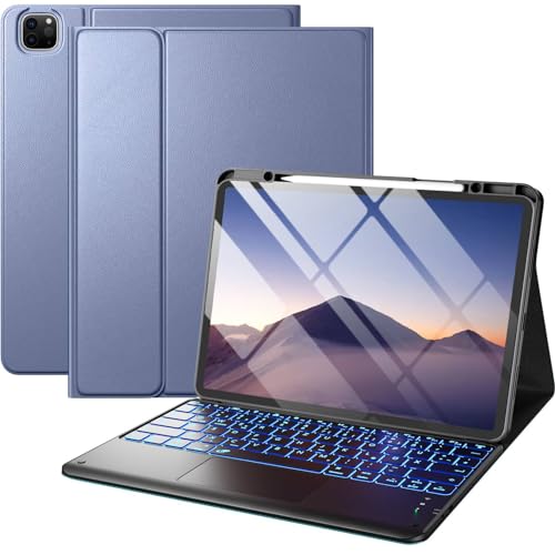 Vobafe iPad Pro 12.9 Hülle mit Tastatur für iPad 12,9 Zoll 6./5./4./3. Generation mit Touchpad, 7 Farben Beleuchtung, Abnehmbare QWERTZ Tastatur, mit Stifthalter, Blau grau von Vobafe
