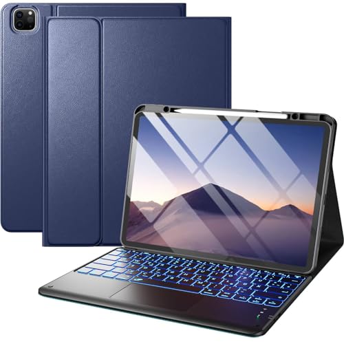 Vobafe iPad Pro 12.9 Hülle mit Tastatur für iPad 12,9 Zoll 6./5./4./3. Generation mit Touchpad, 7 Farben Beleuchtung, Abnehmbare QWERTZ Tastatur, mit Stifthalter, Blau von Vobafe