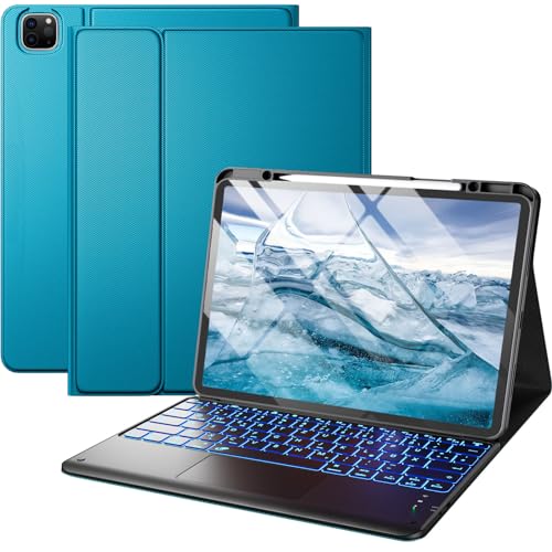 Vobafe iPad Pro 12.9 Hülle mit Tastatur für iPad 12,9 Zoll 6./5./4./3. Generation mit Touchpad, 7 Farben Beleuchtung, Abnehmbare QWERTZ Tastatur, mit Stifthalter, Pfauenblau von Vobafe