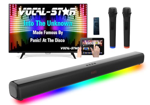 Vocal-Star Karaoke Maschine, Soundbar, 250w, 2 kabellose UHF Mikrofone, Wandhalterung, 9 RGBW Lichteffekte, Fernbedienung, HDMI ARC, BT, AUX, Optisch von Vocal-Star