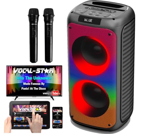 Vocal-Star Tragbare Karaoke Maschine mit Bluetooth, 2 Mikrofone, Karaoke Anlage, 100w Lautsprecher, 6 schillernde LED Lichteffekte, nimmt Gesang auf, TWS, AUX, wiederaufladbar von Vocal-Star
