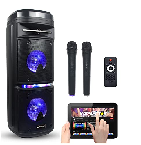 Vocal-Star Tragbares PA Lautsprechersystem mit Party LED Lichteffekt, Bass & Höhen, Bluetooth, USB & AUX Eingang für MP3, 2 x 6,5 Zoll Woofer 200 W & 2 kabellose Mikrofone P180 von Vocal-Star