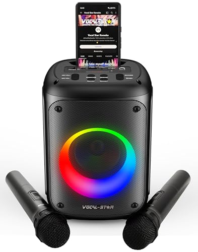 Vocal-Star VS-275 Tragbare Karaoke Maschine mit Bluetooth, Karaoke Anlage, 2 kabellose Mikrofone, 60w Lautsprecher, Lichteffekte, Aufnahme von Gesang, wiederaufladbar von Vocal-Star