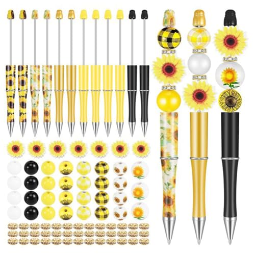 Vocdikficy 12er-Set Perlenstifte Aus Kunststoff, Verschiedene Perlenstifte, Holzperlen, Abstandsperlen-Set, Runde Perlen, Kugelschreiber mit Schwarzer Tinte von Vocdikficy