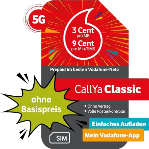 Prepaid CallYa Classic | ohne Vertragsverbindung | 10 Euro Startguthaben I 5G-Netz | 9 Ct. pro Min oder SMS in alle dt. Netze und EU I 3 Ct. pro MB von Vodafone