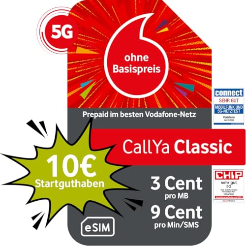 Vodafone Prepaid CallYa Classic eSIM | 10 EUR Startguthaben I ohne Vertrag | 5G-Netz | 9 Ct. pro Min/SMS Vodafone Prepaid CallYa Classic eSIM | 10 EUR Startguthaben I ohne Vertrag | 5G-Netz | 9 Ct. pro Min/SMS von Vodafone