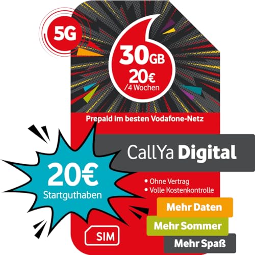 Prepaid CallYa Digital | Dauerhaft 20 GB Datenvolumen | 20 Euro Startguthaben | monatlich kündbar | 5G-Netz | Telefon- SMS-Flat | EU-Roaming inkl. von Vodafone