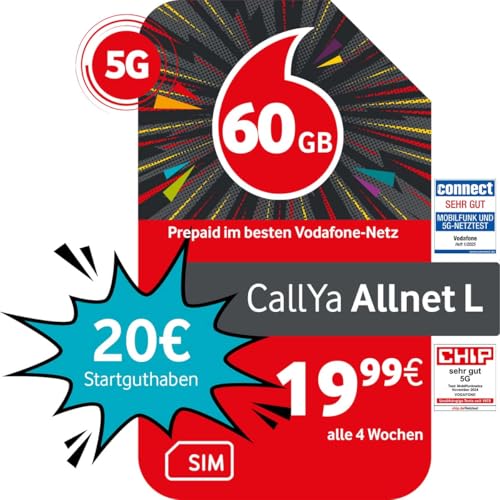 Vodafone Prepaid CallYa Allnet L | 60 GB | 20 EUR Startguthaben | ohne Vertrag | 5G-Netz | Telefon- SMS-Flat | EU-Roaming von Vodafone