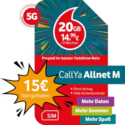Prepaid CallYa M | Dauerhaft 10 GB Datenvolumen| 15 Euro Startguthaben | monatlich kündbar | 5G-Netz | Telefon- SMS-Flat | EU-Roaming inkl. von Vodafone