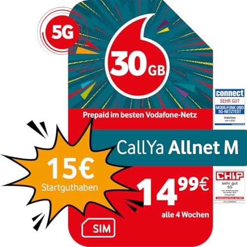 Vodafone Prepaid CallYa M | 30 GB | 15 EUR Startguthaben | ohne Vertrag | 5G-Netz | Telefon- SMS-Flat | EU-Roaming von Vodafone