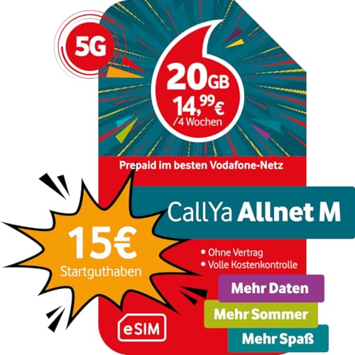 Prepaid CallYa M eSIM | Dauerhaft 10 GB Datenvolumen | 15 Euro Startguthaben | monatlich kündbar | 5G-Netz | Telefon- SMS-Flat | EU-Roaming inkl. von Vodafone