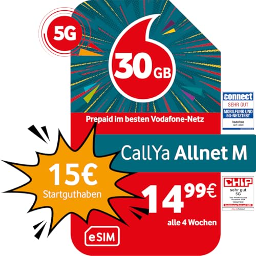 Vodafone Prepaid CallYa M eSIM | 30 GB | 15 EUR Startguthaben | ohne Vertrag | 5G-Netz | Telefon- SMS-Flat | EU-Roaming von Vodafone