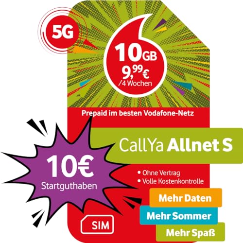 Prepaid CallYa S | Dauerhaft 6 GB Datenvolumen | 10 Euro Startguthaben | monatlich kündbar | 5G-Netz | Telefon- SMS-Flat | EU-Roaming inkl. von Vodafone