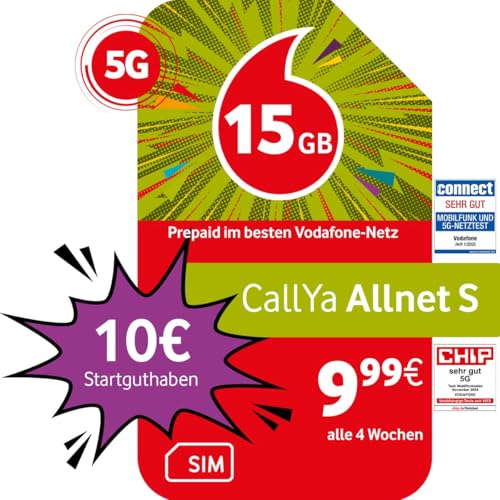 Vodafone Prepaid CallYa S | 15 GB | 10 EUR Startguthaben | ohne Vertrag | 5G-Netz | Telefon- SMS-Flat | EU-Roaming von Vodafone