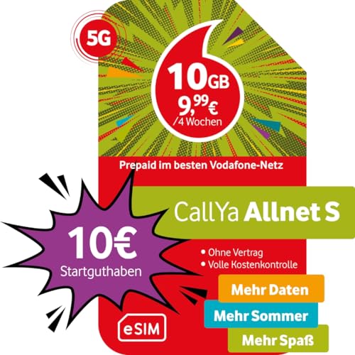 Vodafone Prepaid CallYa S eSIM | 6 GB | 10 EUR Startguthaben | ohne Vertrag | 5G-Netz | Telefon- SMS-Flat | EU-Roaming von Vodafone