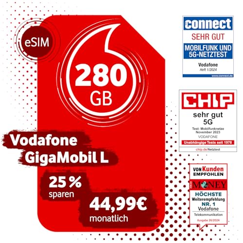 Vodafone GigaMobil L eSIM | 25% Dauerrabatt auf den Basispreis | 24 Monate Vertragslaufzeit von Vodafone