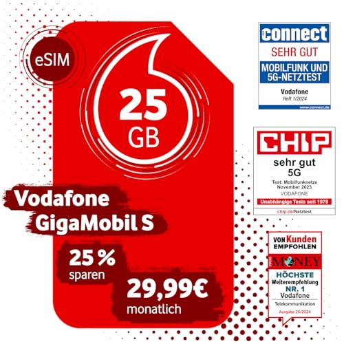 Vodafone GigaMobil S eSIM | 25% Dauerrabatt auf den Basispreis | 24 Monate Vertragslaufzeit Vodafone GigaMobil S eSIM | 25% Dauerrabatt auf den Basispreis | 24 Monate Vertragslaufzeit von Vodafone