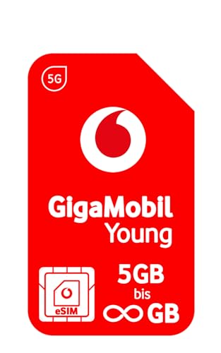 Vodafone GigaMobil Young eSIM | Wähle Deinen Mobilfunk-Tarif von 5 GB bis Unlimited GB | Aktion 24x20% Tarifrabatt | 5G-Netz | Telefon- SMS-Flat | EU-Roaming von Vodafone