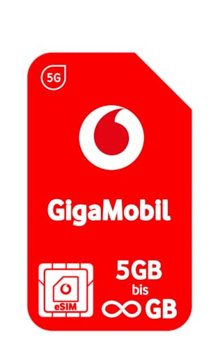 Vodafone Mobilfunktarif GigaMobil eSIM | 1 Karte - Wähle Deinen Tarif von 5GB bis Unlimited Datenvolumen | Aktion 24x20% Tarifrabatt | 5G-Netz | EU-Roaming | Telefon- SMS-Flat ins deutsche Netz von Vodafone