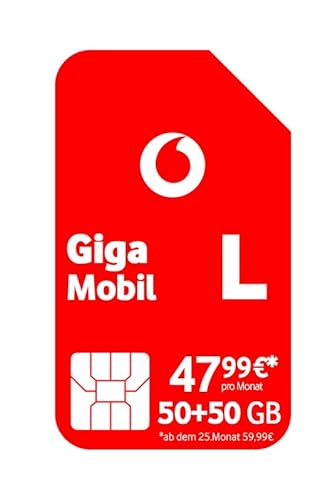 Vodafone Mobilfunkvertrag GigaMobil L | Jetzt doppeltes Datenvolumen 100 GB statt 50 GB | Zusätzlich 24 x 20% Tarifrabatt | 5G-Netz | EU-Roaming | Telefon- SMS-Flat ins deutsche Netz von Vodafone
