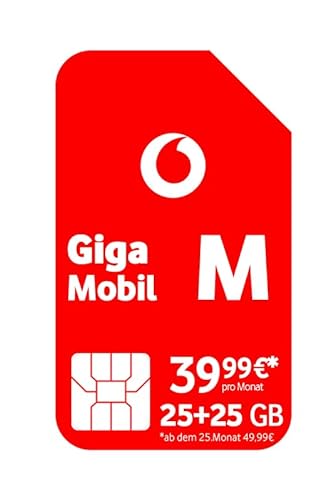 Vodafone Mobilfunkvertrag GigaMobil M | Jetzt doppeltes Datenvolumen 50 GB statt 25 GB | Zusätzlich 24 x 20% Tarifrabatt | 5G-Netz | EU-Roaming | Telefon- SMS-Flat ins deutsche Netz von Vodafone