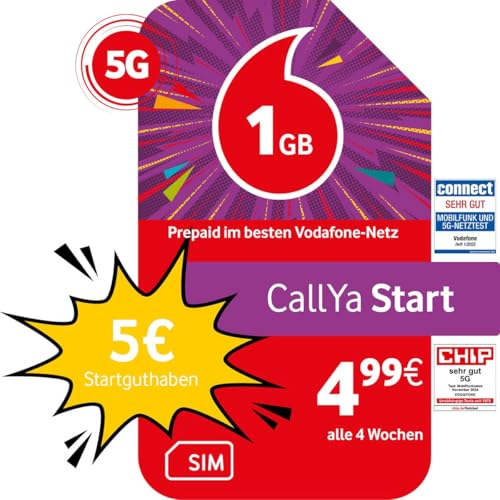 Vodafone Prepaid CallYa Start | 1 GB | 5 EUR Startguthaben | ohne Vertrag | 5G-Netz | Telefon- SMS-Flat | EU-Roaming von Vodafone