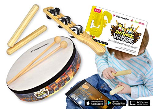 Voggenreiter Percussion-Set für Kinder ab 6 Jahre inkl. Rhythmic Village Lernsoftware App für Smartphone, Tablet & Computer (Handtrommel + 2 Schlägel, 2 Klangstäbe, Schellenstab) von Voggenreiter