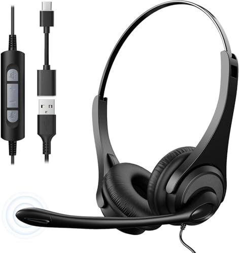 Voistek USB Headset mit Mikrofon für Laptop, Geräuschunterdrückung, USB-A/USB-C, Beidseitiges Headset für Computer, Büro, Callcenter, Teams, Zoom, Skype von Voistek