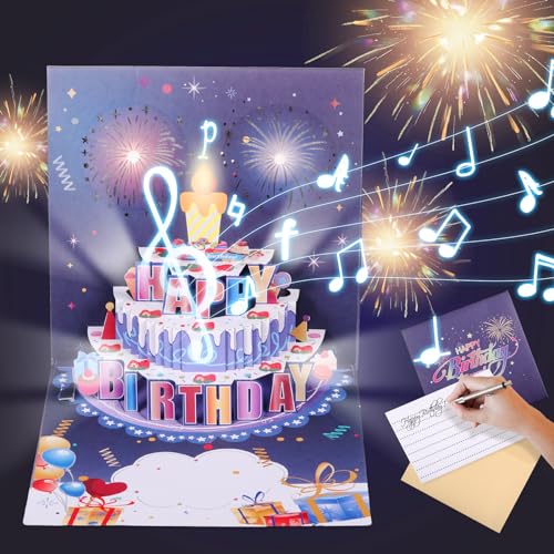 3D Feuerwerk Pop Up Geburtstagskarte,Geburtstagskarte, Glückwunschkarten, 3D Geburtstagstorte, Pop Up Kuchen Geburtstagskarten Mit Musik Und Licht Geschenk Grußkarte Für Frauen Mutter Männer Kinder von Vokmon