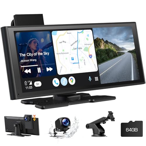 Volam 9.26 Zoll Tragbares Autoradio Carplay Bildschirm mit 4K Dashcam Auto Vorne Hinten,1080P Rückfahrkamera, Wireless A-pple CarPlay Android Auto, Mirror Link, GPS, G-oogle/Siri, FM/AUX, 64G SD-Karte von Volam