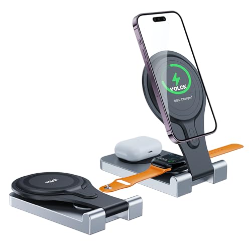 Volcn Magnetisches kabelloses Ladegerät, 3 in 1 faltbare kabellose Ladestation, kompatibel mit Magsafe, Reise-Ladegerät für mehrere Geräte, für iPhone 15 14 13 12 von Volcn