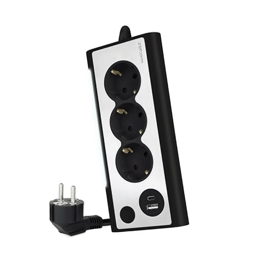 Schwarze Tischsteckdose mit 3 Steckdosen und 2 USB-Anschlüssen, ideal zum Aufladen von Geräten und zum Anschluss mehrerer Elektrogeräte. Schwarze Tischsteckdose mit 3 Steckdosen und 2 USB-Anschlüssen, ideal zum Aufladen von Geräten und zum Anschluss mehrerer Elektrogeräte. von VoltShine