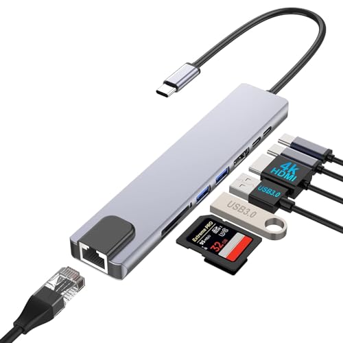 USB-C-HUB, 8-in-1-USB-C-Adapter mit 4K HDMI, 100 W PD, USB-C-Anschluss, USB 3.0, RJ45 Ethernet, SD/TF-Kartenleser, mit MacBook Pro/Air USB C Laptop und anderen Typ-C-Dockingstationen (8) von VoltWave