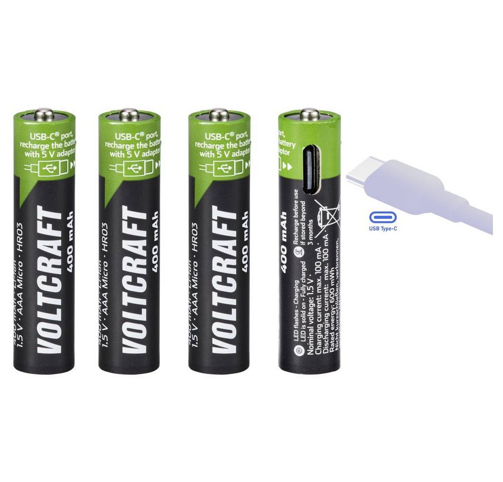 VOLTCRAFT Li-Ion USB-C® Akkus, AAA 1.5 V, 400 mAh ladbar Akku, aufladbar über USB-C® von Voltcraft