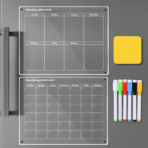 Volumoon 2 Stück Magnetische Abwischbare Kalender (1*Monatsplaner + 1*Wochenplanner), Acrylic Transparent Kühlschrankkalender Magnetisch, Abwischbar Stundenplan Magnettafel für Kühlschrank, 40 x 30cm von Volumoon