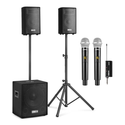 Vonyx VX0812BT - PA Anlage Komplettset + 2 Mikrofonen, Aktiv Subwoofer, 2X Passiv Hochtöner - 800 Watt, Ständer, Bluetooth, MP3, USB, SD, Mikrofonanschluss, mobiles PA System, DJ Boxen Set Vonyx VX0812BT - PA Anlage Komplettset + 2 Mikrofonen, Aktiv Subwoofer, 2X Passiv Hochtöner - 800 Watt, Ständer, Bluetooth, MP3, USB, SD, Mikrofonanschluss, mobiles PA System, DJ Boxen Set von Vonyx