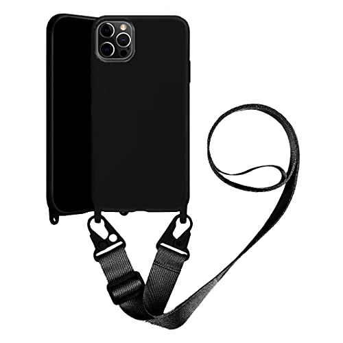 Handykette Handyhülle kompatibel mit Apple iPhone 12/iPhone 12 Pro Necklace Hülle Nylon Schultergurt Weich Silikon TPU Cover mit Kordel zum Umhängen Schutzhülle mit Stylische Band(schwarz) von VooDirop