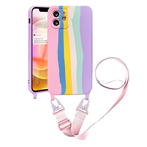 Handykette Handyhülle kompatibel mit Apple iPhone 12 Pro Necklace Hülle Nylon Schultergurt Weich Silikon TPU Cover mit Kordel zum Umhängen Schutzhülle mit Stylische Band(Regenbogen Rosa) von VooDirop