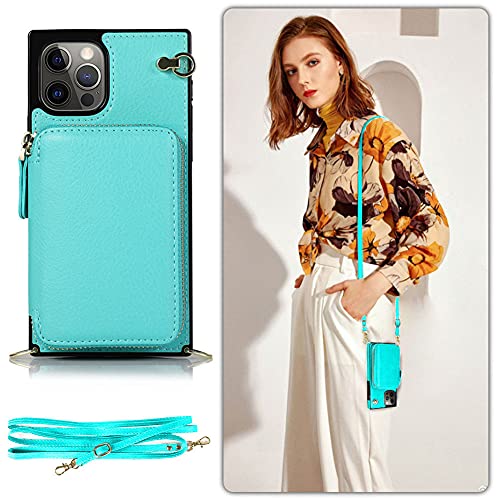 Handykette Handyhülle kompatibel mit Apple iPhone 13 Pro Wallet Hülle PU Leder mit Reißverschluss Kartenfach Ständer Handytasche TPU Bumper Case mit Kordel Kette Schutzhülle Cover(Schwarz) von VooDirop