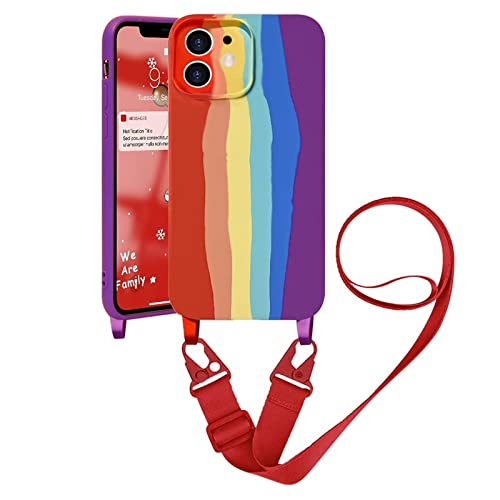 Handykette Handyhülle kompatibel mit Apple iPhone 14 Plus Necklace Hülle Nylon Schultergurt Weich Silikon TPU Cover mit Kordel zum Umhängen Schutzhülle mit Stylische Band(Regenbogenrot) von VooDirop