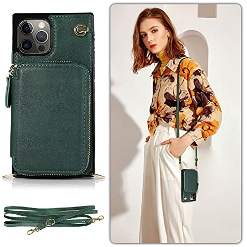 Handykette Handyhülle kompatibel mit Apple iPhone 14 Pro Max Wallet Hülle PU Leder mit Reißverschluss Kartenfach Ständer Handytasche TPU Bumper Case mit Kordel Kette Schutzhülle Cover(Grün) von VooDirop