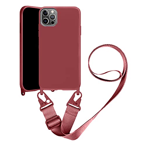 Handykette Handyhülle kompatibel mit Apple iPhone 15 Plus Necklace Hülle Nylon Schultergurt Weich Silikon TPU Cover mit Kordel zum Umhängen Schutzhülle mit Stylische Band(Wein rot) von VooDirop