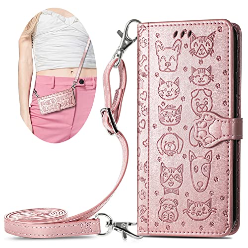 Handykette Handyhülle kompatibel mit Samsung Galaxy Hülle Leder Flip TPU Bumper Wallet Case mit Kartenfächern [3D-Reliefmuster] Kordel Band Standfunktion Stoßfest Cover (Galaxy Z Fold 3 5G, Roségold) von VooDirop