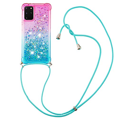 Handykette Handyhülle kompatibel mit Samsung Galaxy S20 Ultra Hülle Gradient Glitzer Flüssig Hülle mit Band Kette Schutzhülle Weiche Flexible Transparent TPU Stoßfest Case Cover(Pulver Blau) von VooDirop