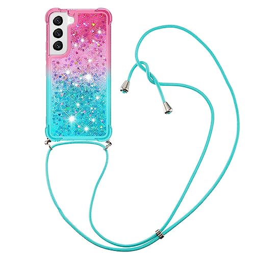 Handykette Handyhülle kompatibel mit Samsung Galaxy S22 Hülle Gradient Glitzer Flüssig Hülle mit Band Kette Schutzhülle Weiche Flexible Transparent TPU Stoßfest Case Cover(Pulver Blau) von VooDirop